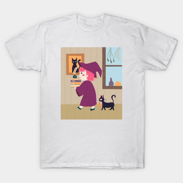 Cute Pink witch girl carrying books with cat T-Shirt by MariOyama